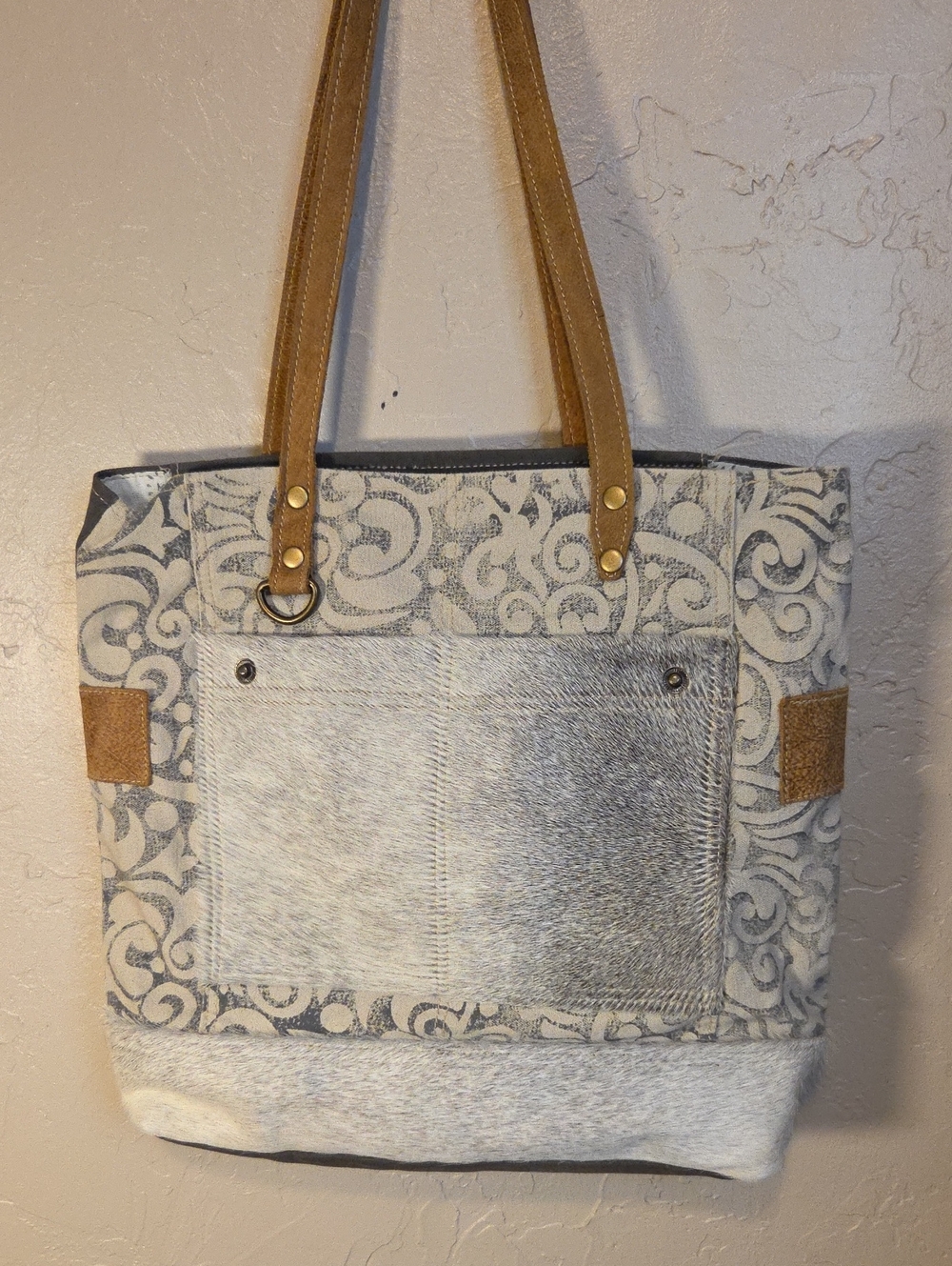 Myra Bag Cream & Tan Patterned Tote with Haircalf Front